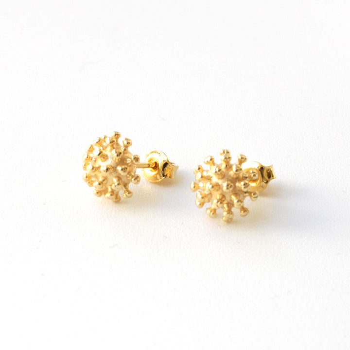 Coronavirus Stud Earrings in 14K gold plated brass, microbiology jewelry by Ontogenie
