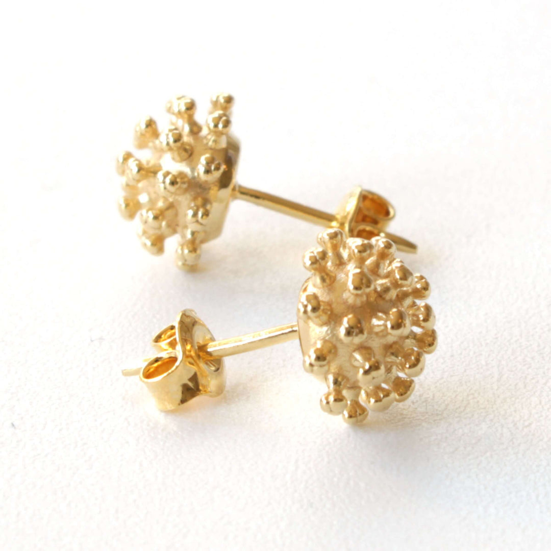 Coronavirus Stud Earrings in 14K gold plated brass, microbiology jewelry by Ontogenie