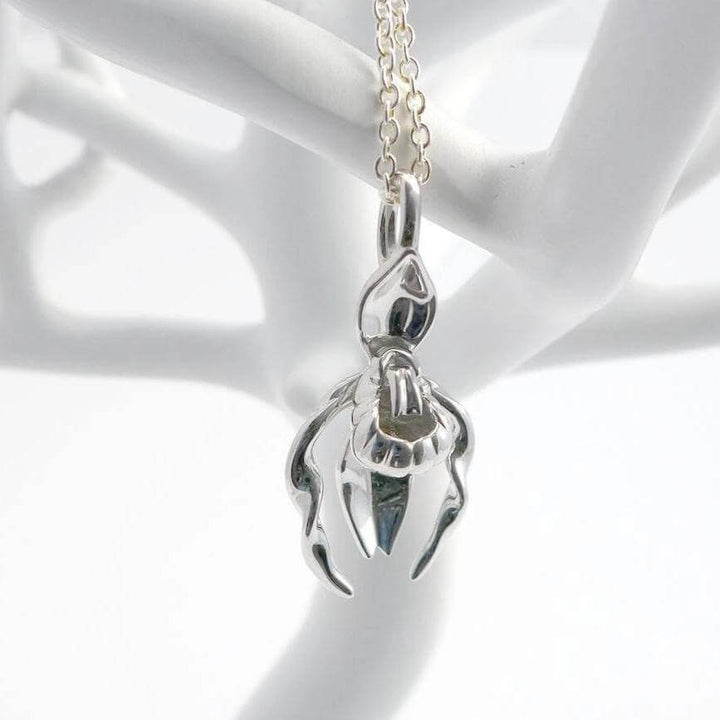 cypripedium lady's slipper orchid pendant in silver ontogenie science jewelry