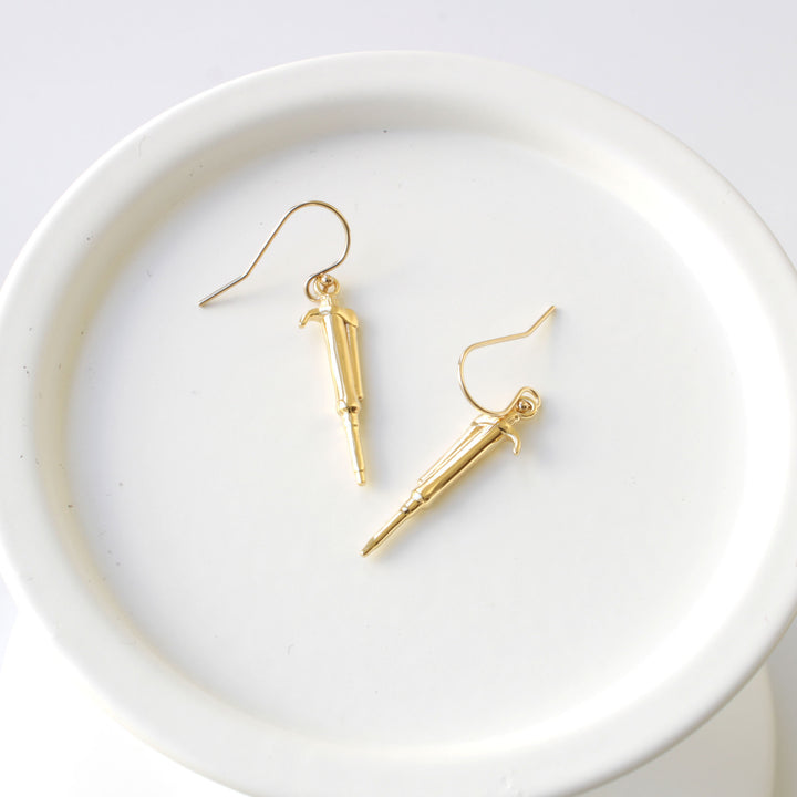Pipette Earrings Science Jewelry in 14K gold plated brass by Ontogenie