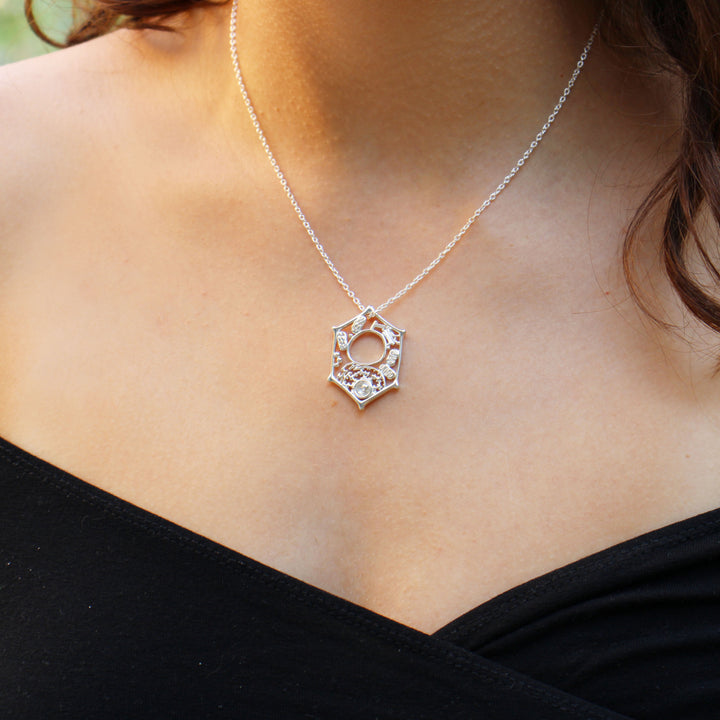 plant cell pendant in sterling silver on model by Ontogenie