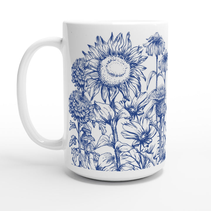 Asteraceae family floral mug, delft blue design, tall size