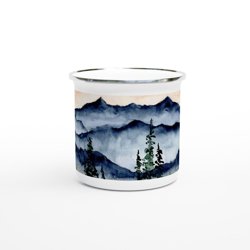 enamel camping mug with mountain watercolor design by ontogenie