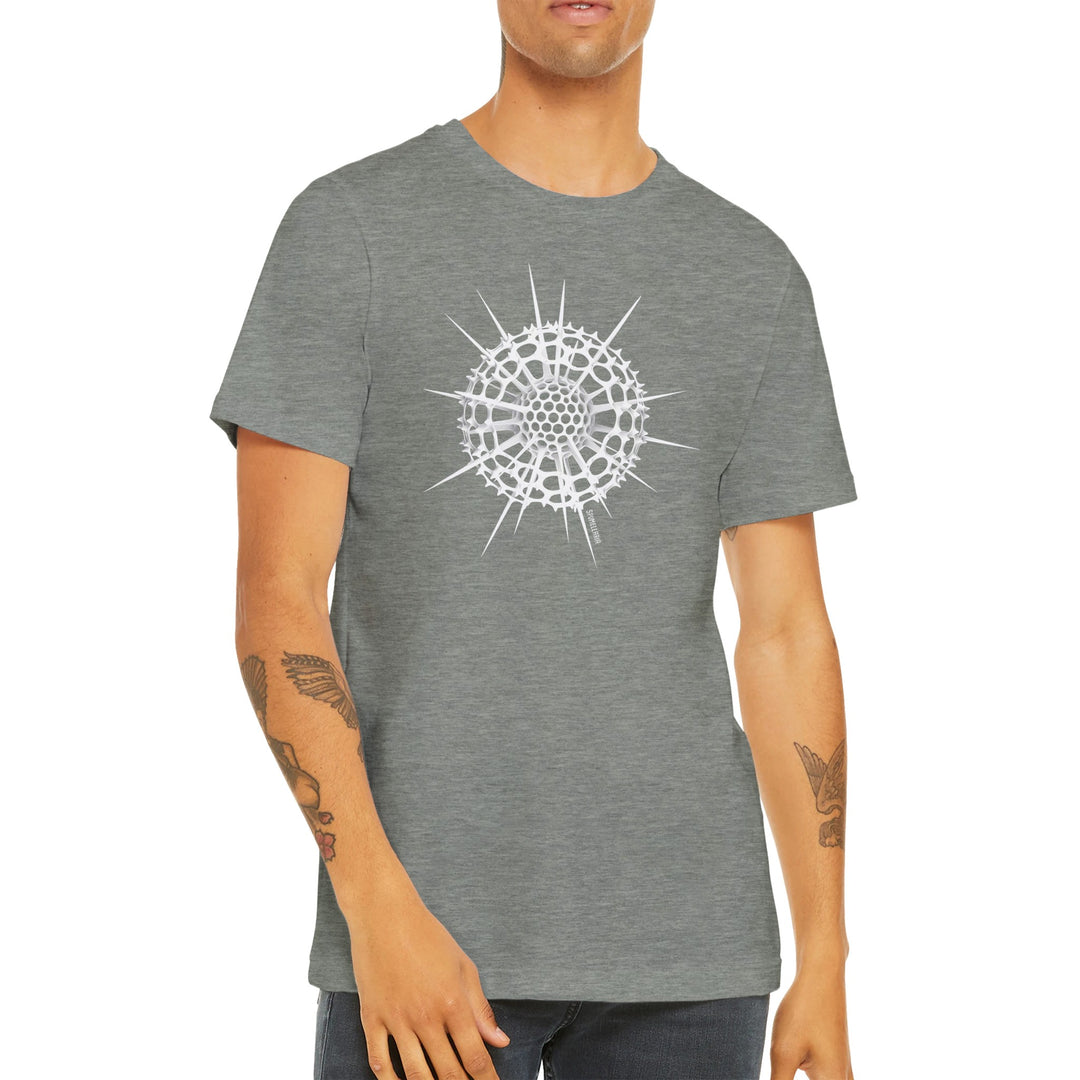 man wearing radiolaria t-shirt in heather gray by ontogenie