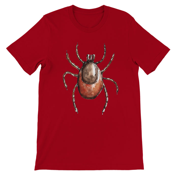watercolor ixodes tick design on red t-shirt by ontogenie