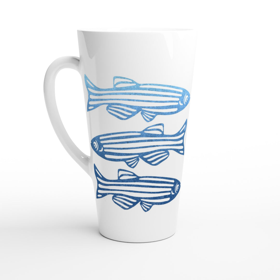 blue zebrafish design on ceramic latte mug by ontogenie