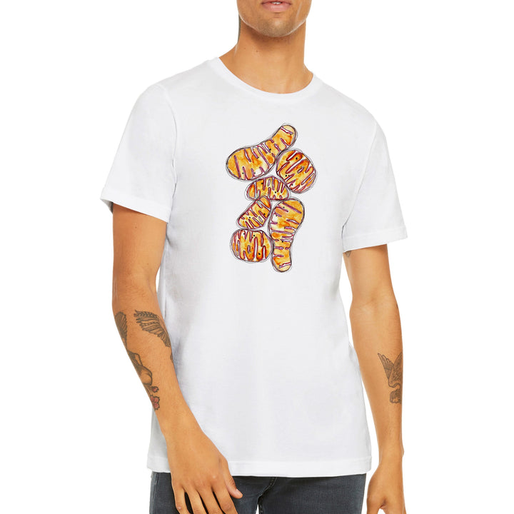 orange abstract mitochondria design on white t-shirt male model by ontogenie