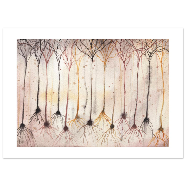 pyramidal neurons in gold giclee print of an original watercolor painting