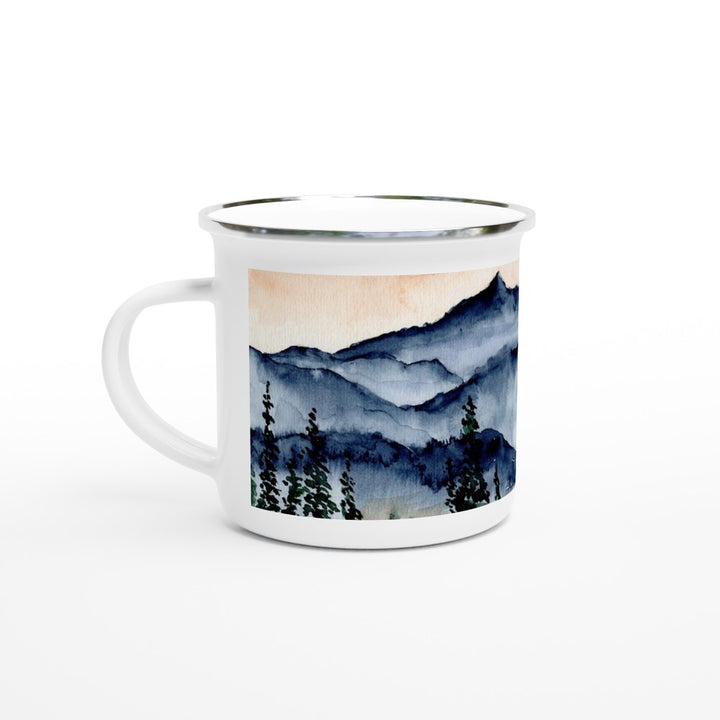 enamel camping mug with mountain watercolor design by ontogenie