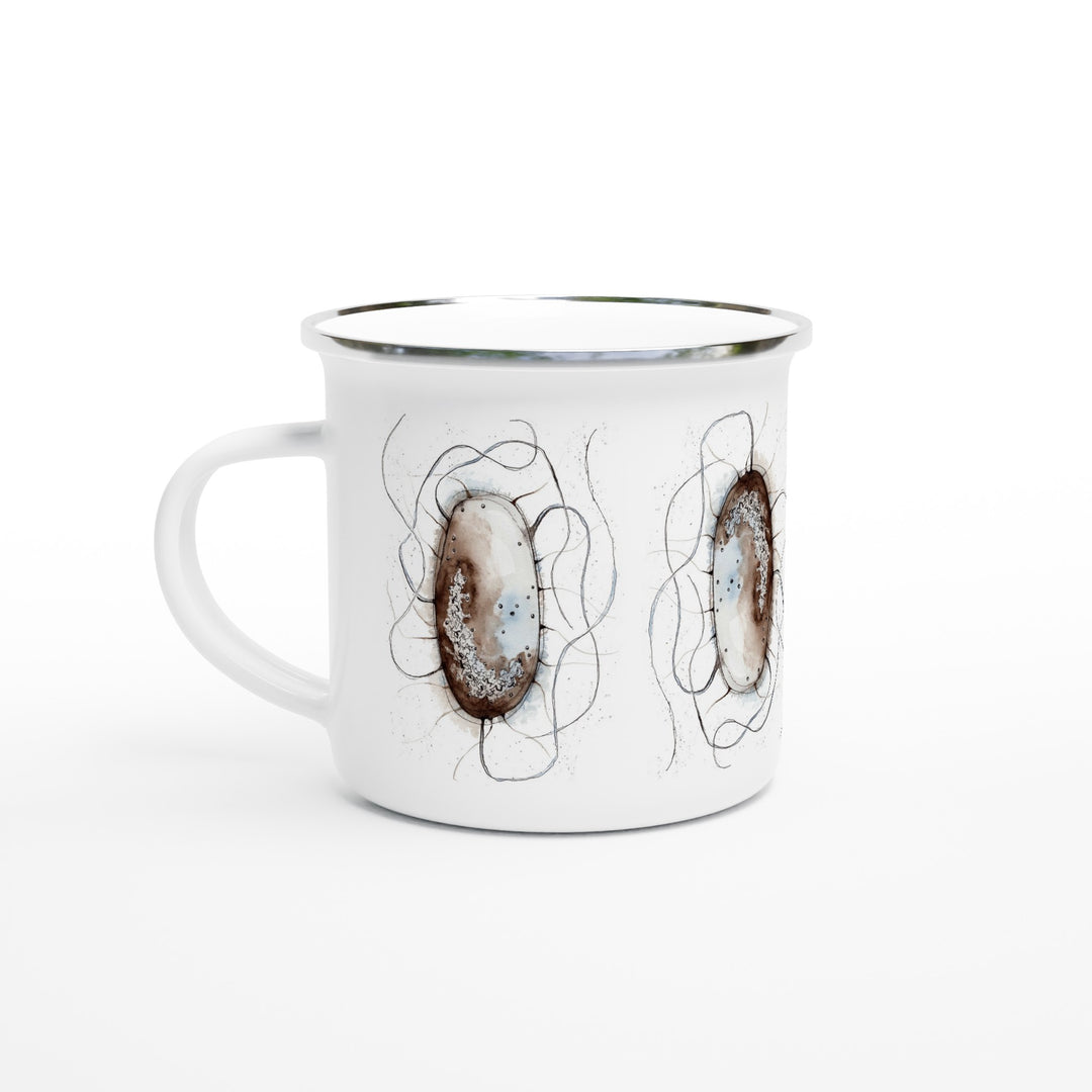 abstract watercolor illustration of E.coli printed on an enamel mug by ontogenie