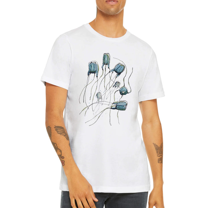 alatina box jellyfish design on white t-shirt male model by ontogenie