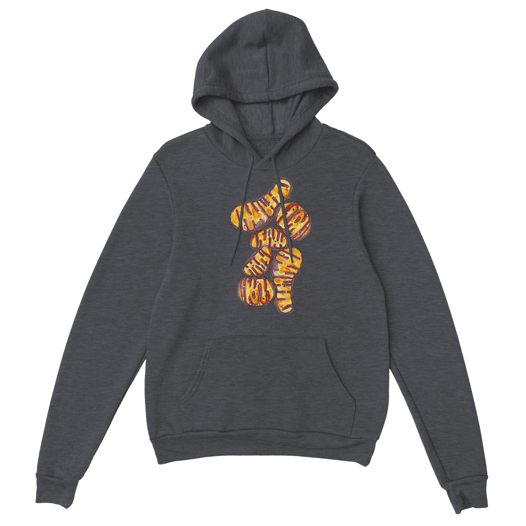 orange mitochondria watercolor design on dark gray hoodie by ontogenie