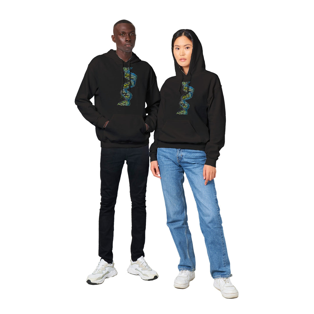 green abstract dna design on black hoodie on female and male models by ontogenie