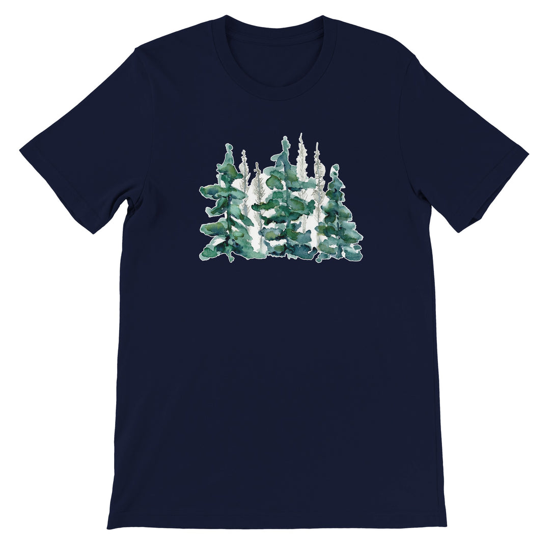 bark beetle damaged european spruce forest painting on navy blue t-shirt by ontogenie