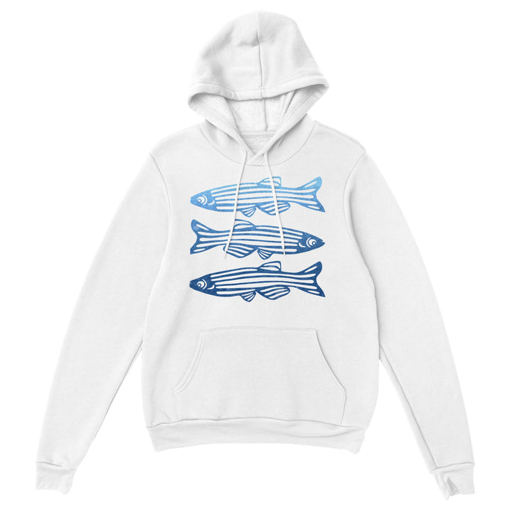 zebrafish design on white hoodie by ontogenie