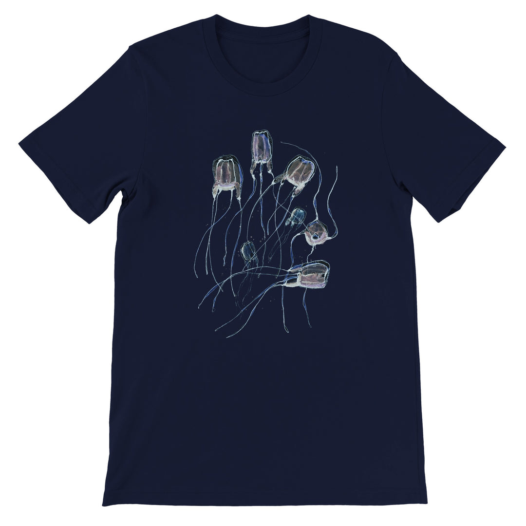 alatina box jellyfish design on navy blue t-shirt by ontogenie