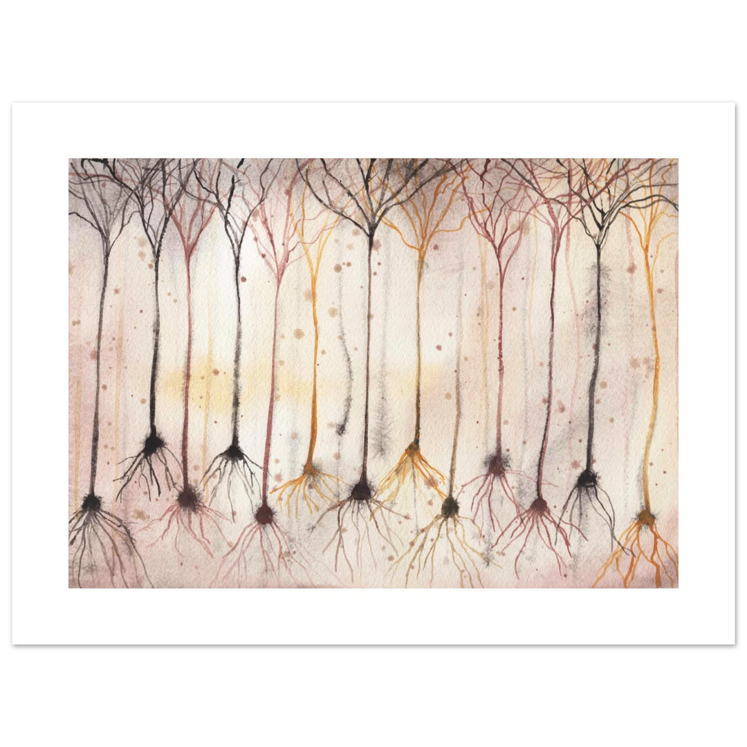 pyramidal neurons in gold giclee print of an original watercolor painting