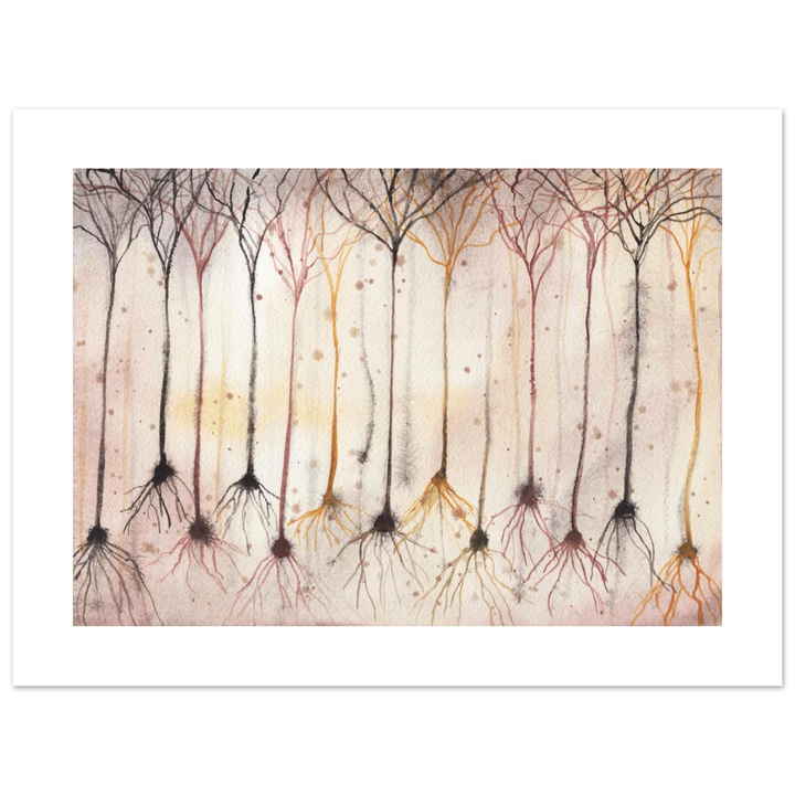 pyramidal neurons in gold giclee print of an original watercolor painting