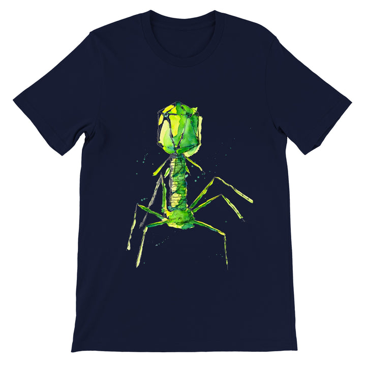 bacteriophage watercolor print on navy blue t-shirt by ontogenie