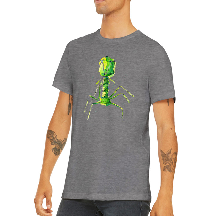 bacteriophage watercolor print on dark heather gray t-shirt by ontogenie