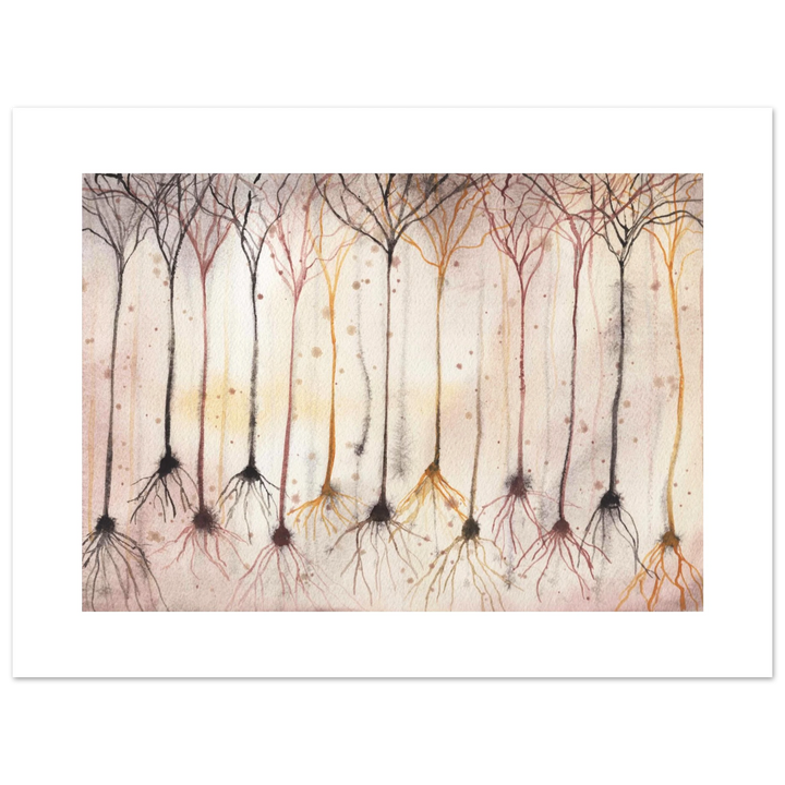 pyramidal neurons in gold giclee print of an original watercolor painting