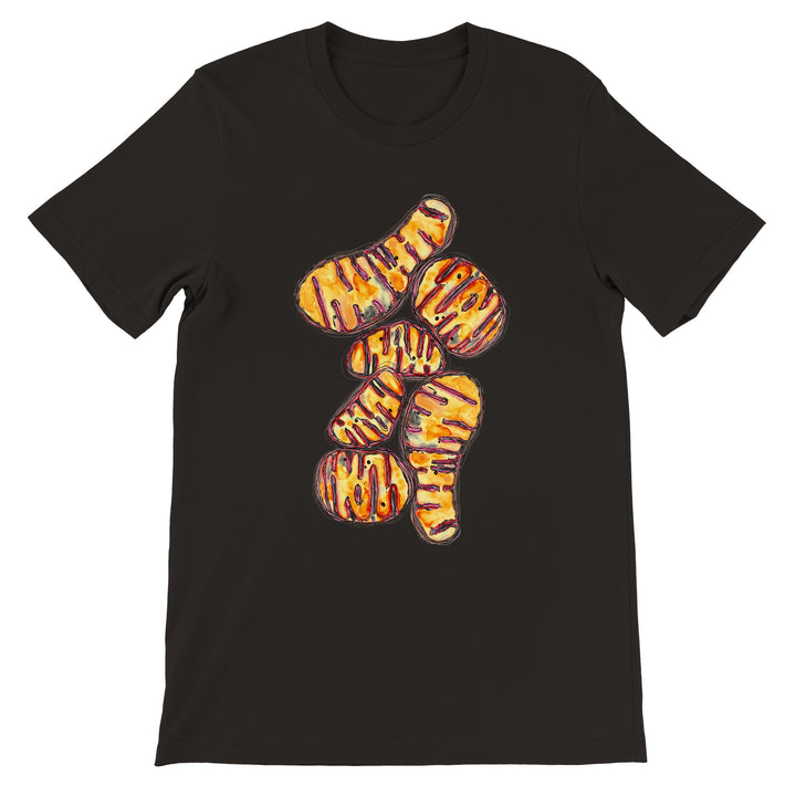 orange abstract mitochondria design on black t-shirt by ontogenie
