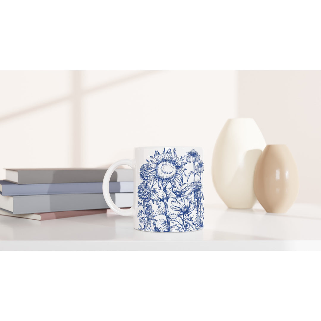 Asteraceae family floral mug, delft blue design, standard size