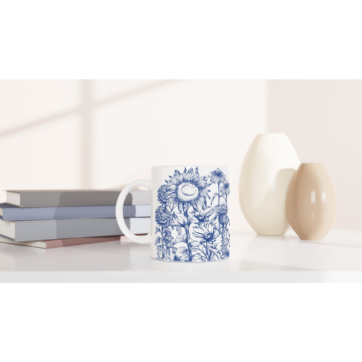 Asteraceae family floral mug, delft blue design, standard size