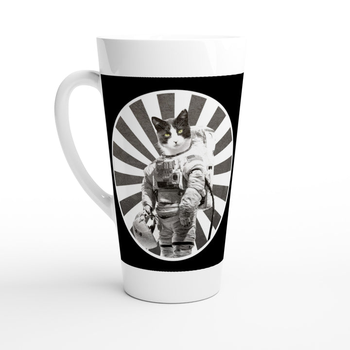space cat astronaut tuxedo cat design on latte mug by ontogenie
