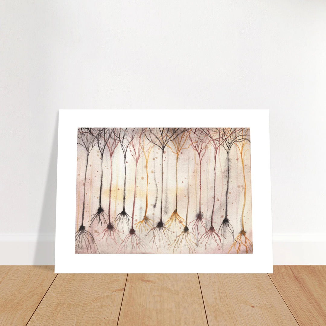 pyramidal neurons in gold giclee print of an original watercolor painting