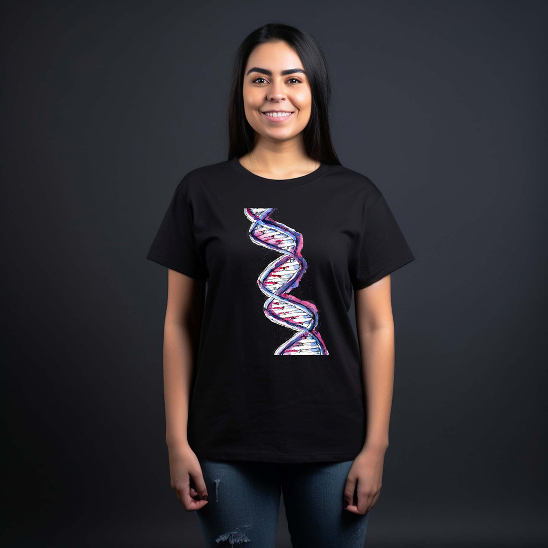 purple watercolor dna design on black tshirt worn by female model