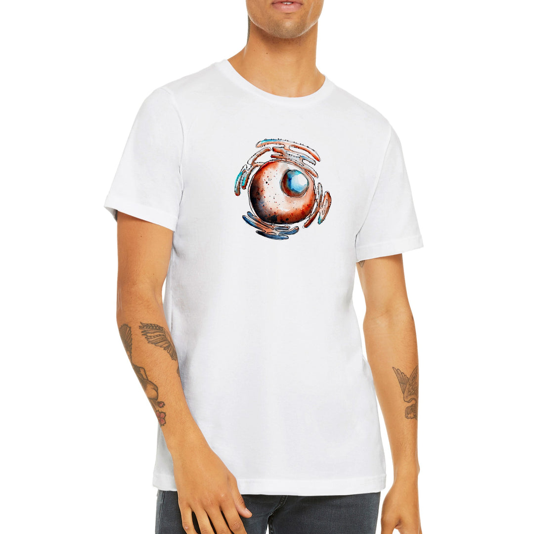 abstract nucleus watercolor design on white tshirt male model