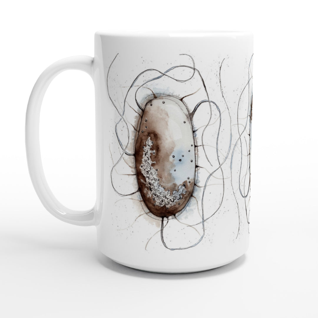 abstract watercolor illustration of E.coli printed on a tall ceramic mug by ontogenie