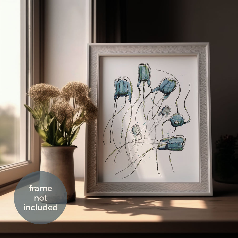 alatina box jellyfish watercolor art print by ontogenie, framed mockup
