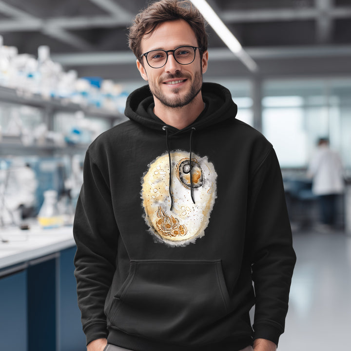 animal cell design on black hoodie male model