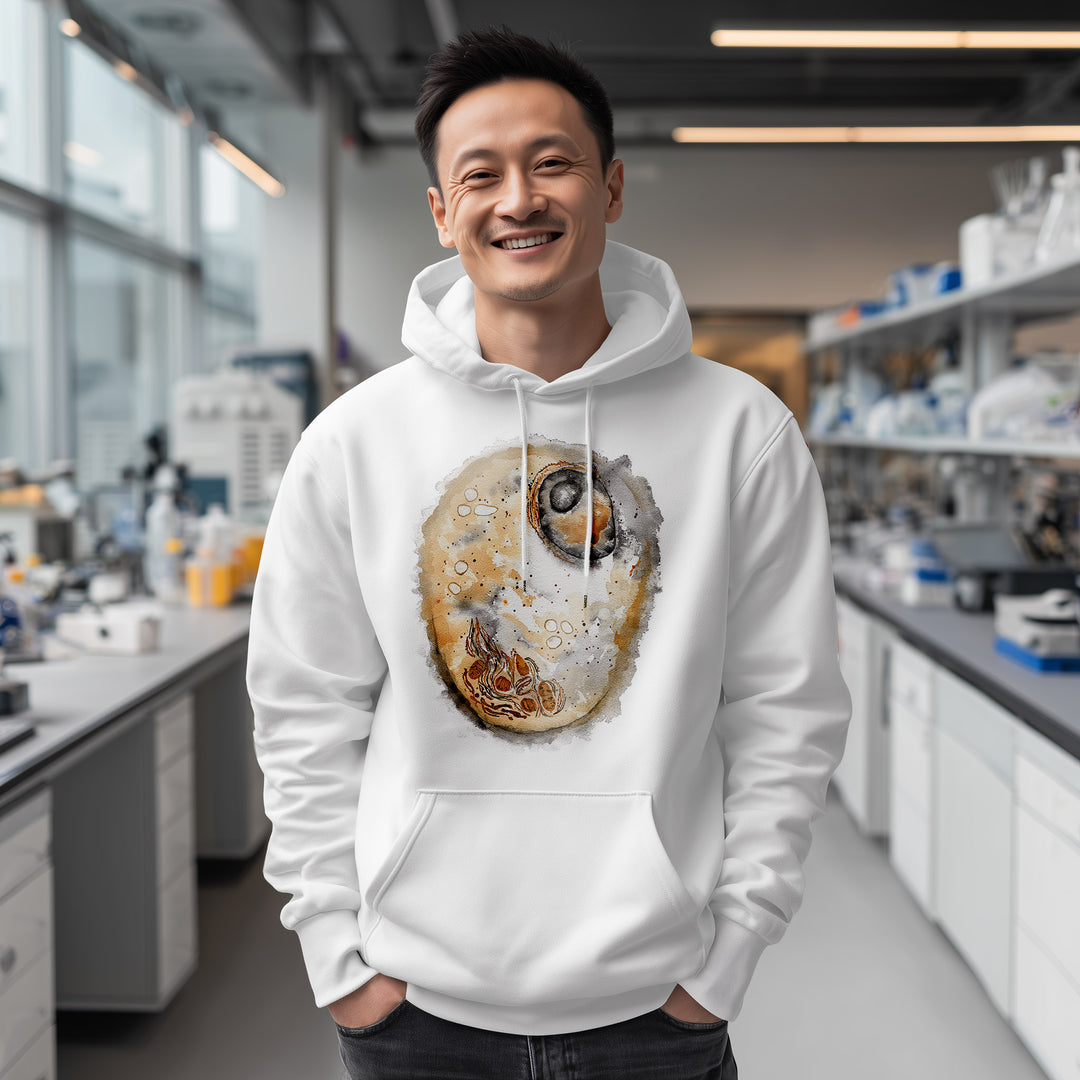 animal cell white hoodie on male model
