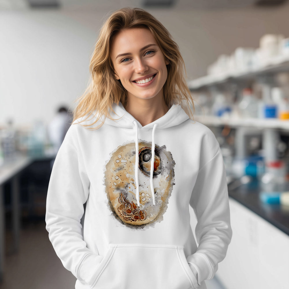 animal cell white hoodie on female model