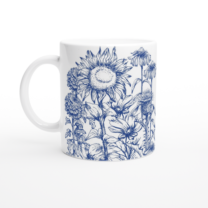 Asteraceae family floral mug, delft blue design, standard size