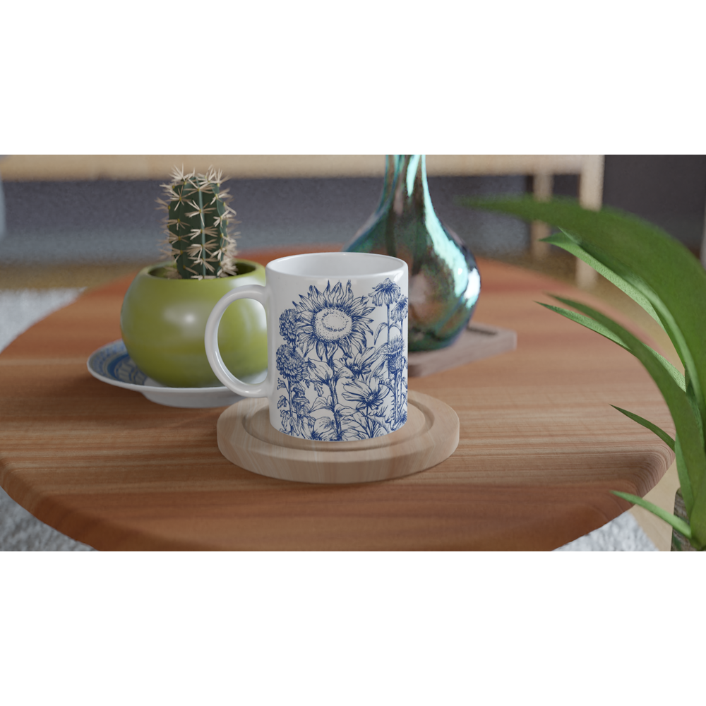 Asteraceae family floral mug, delft blue design, standard size