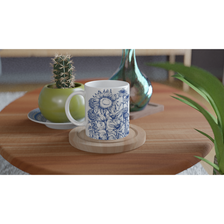 Asteraceae family floral mug, delft blue design, standard size