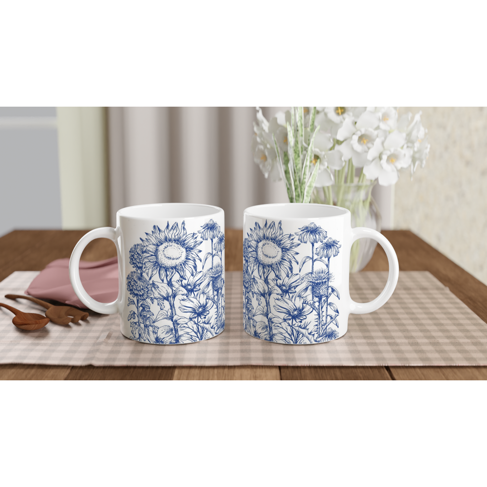 Asteraceae family floral mug, delft blue design, standard size