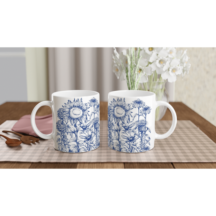 Asteraceae family floral mug, delft blue design, standard size