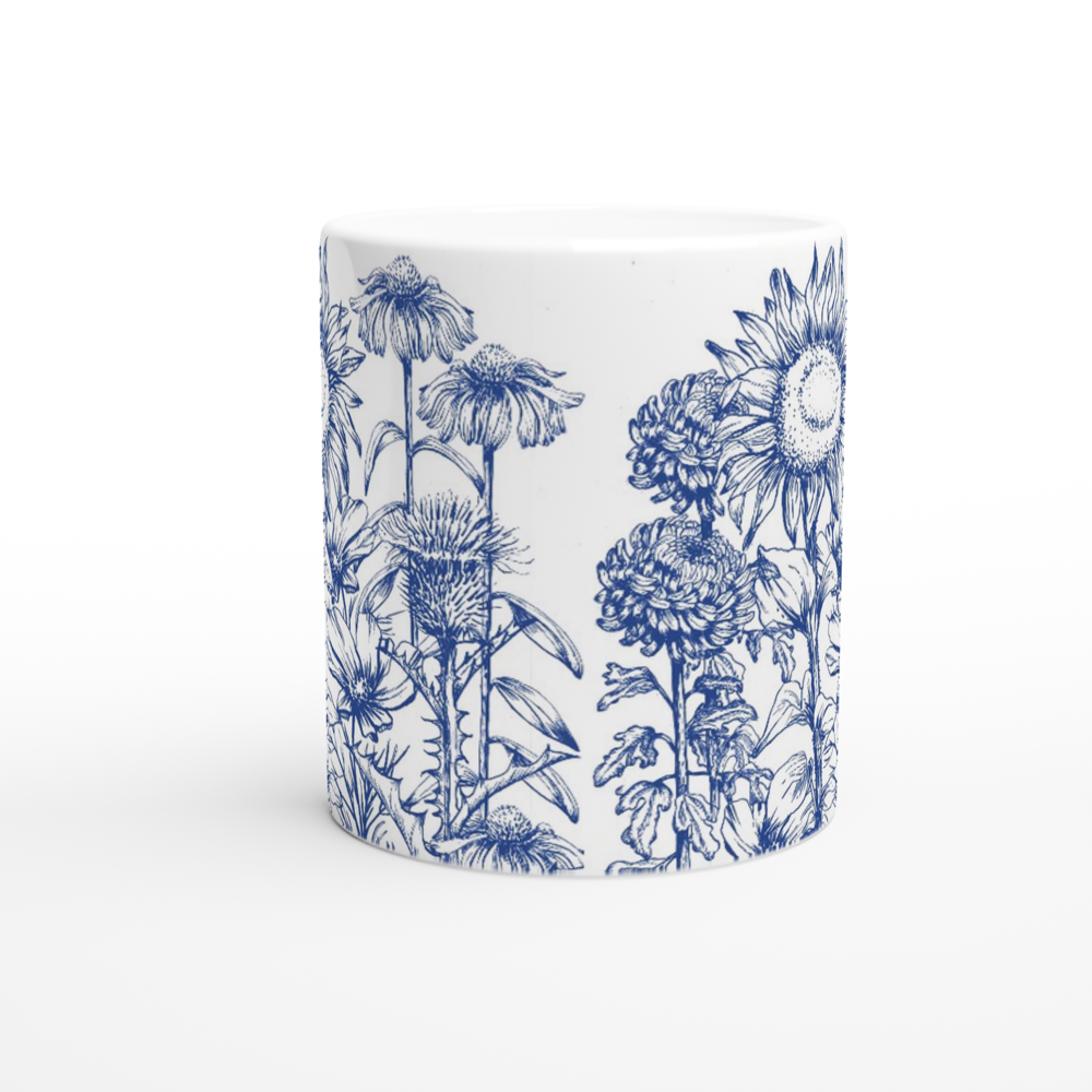 Asteraceae family floral mug, delft blue design, standard size