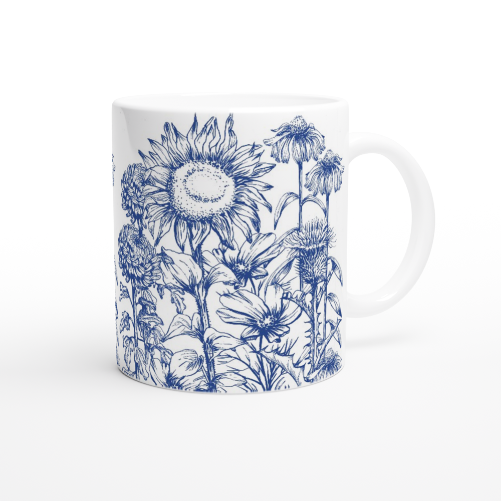 Asteraceae family floral mug, delft blue design, standard size