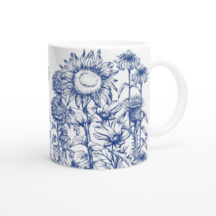 Asteraceae family floral mug, delft blue design, standard size