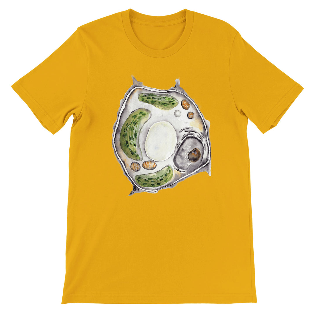 plant cell watercolor design on gold t-shirt by ontogenie