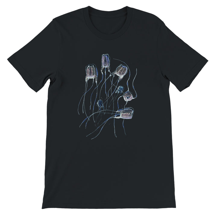 alatina box jellyfish design on black t-shirt by ontogenie