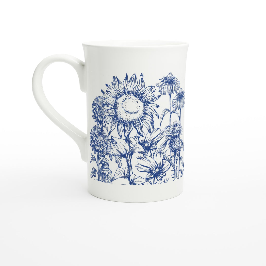 Asteraceae family floral mug, delft blue design, slim size
