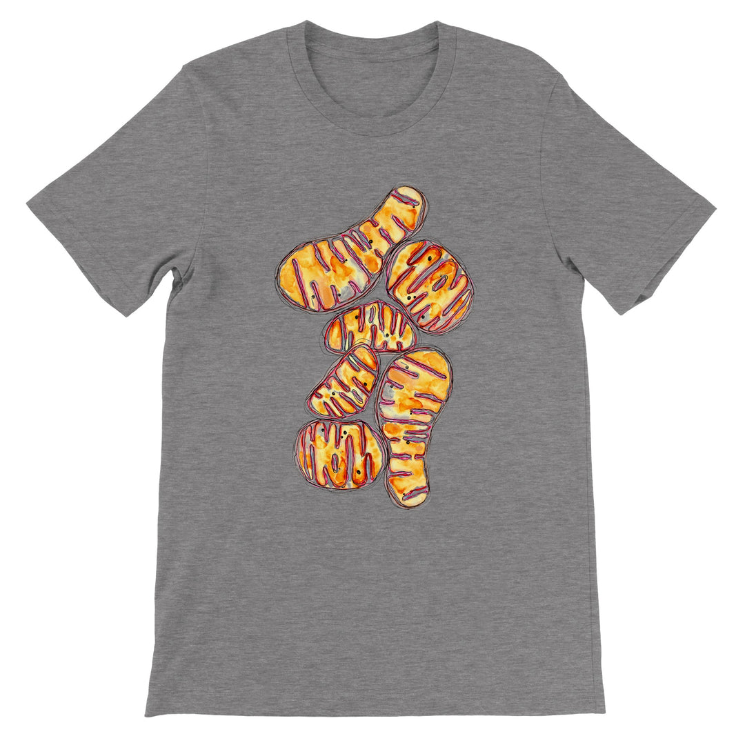 orange abstract mitochondria design on dark gray heather t-shirt by ontogenie