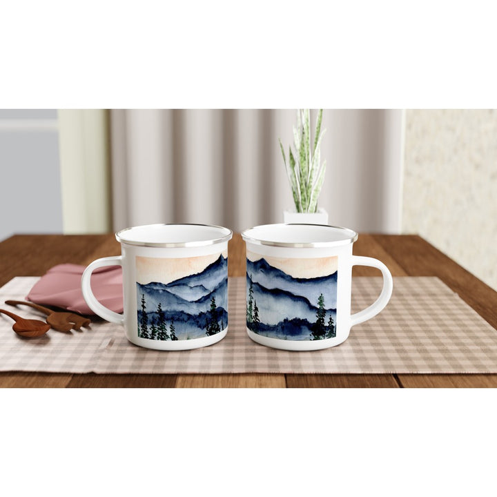 enamel camping mug with mountain watercolor design by ontogenie